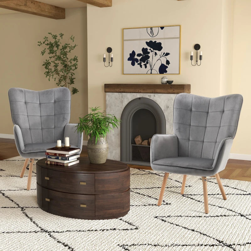 Stylish Velvet-Touch Tufted Wingback Armchair Set of 2 for Modern Lounge and Leisure Spaces in Grey