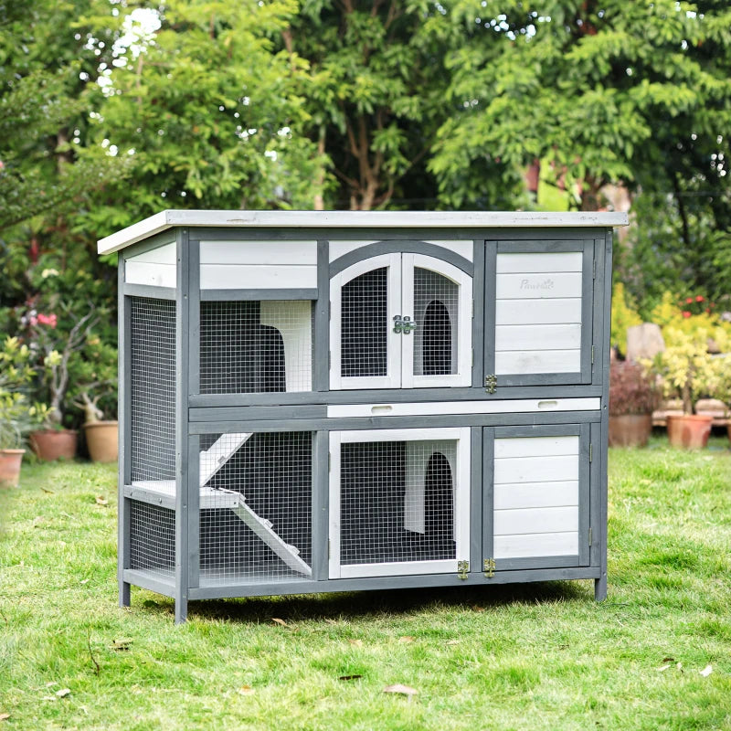 Premium 2-Tier Outdoor Rabbit & Guinea Pig Hutch - Wooden Cage with Ramp, Divider & Openable Roof - 125x48x100cm Grey