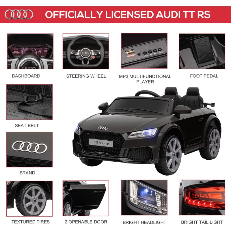 Kids Licensed Audi TT 12V Ride-On Car with Remote, Suspension, Headlights & MP3 Player - Black, 2.5-5km/h