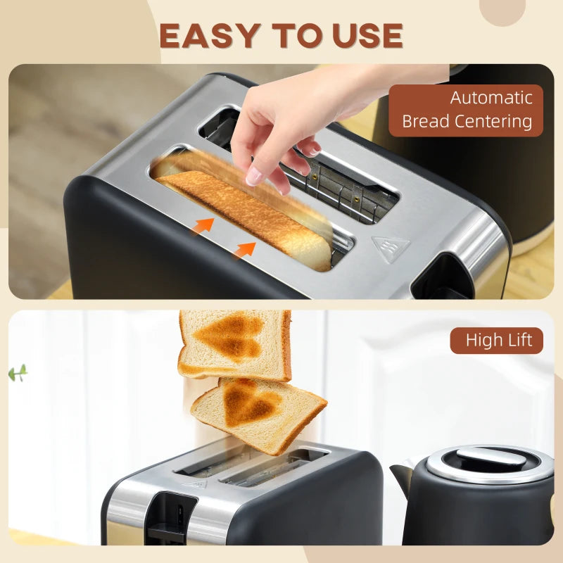 Stainless Steel Kettle & Toaster Set - 1.7L Fast Boil Kettle 3000W & 2 Slice Toaster with 7 Browning Levels, Black