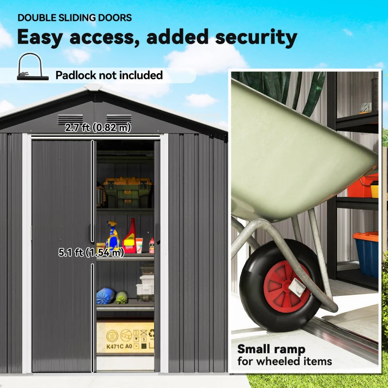 Dark Grey 6.5ft x 3.5ft Metal Garden Storage Shed With Double Sliding Doors and 4 Vents