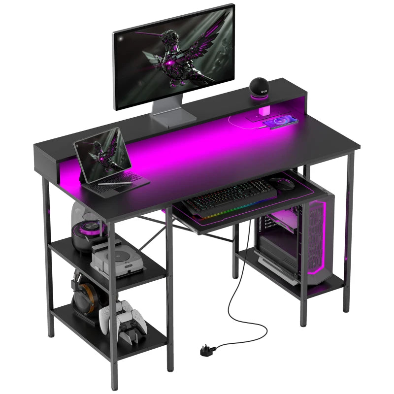 LED Gaming Computer Desk with Power Outlets, 120x55 cm, Monitor Stand, Sliding Keyboard Tray & Storage Shelves - Black