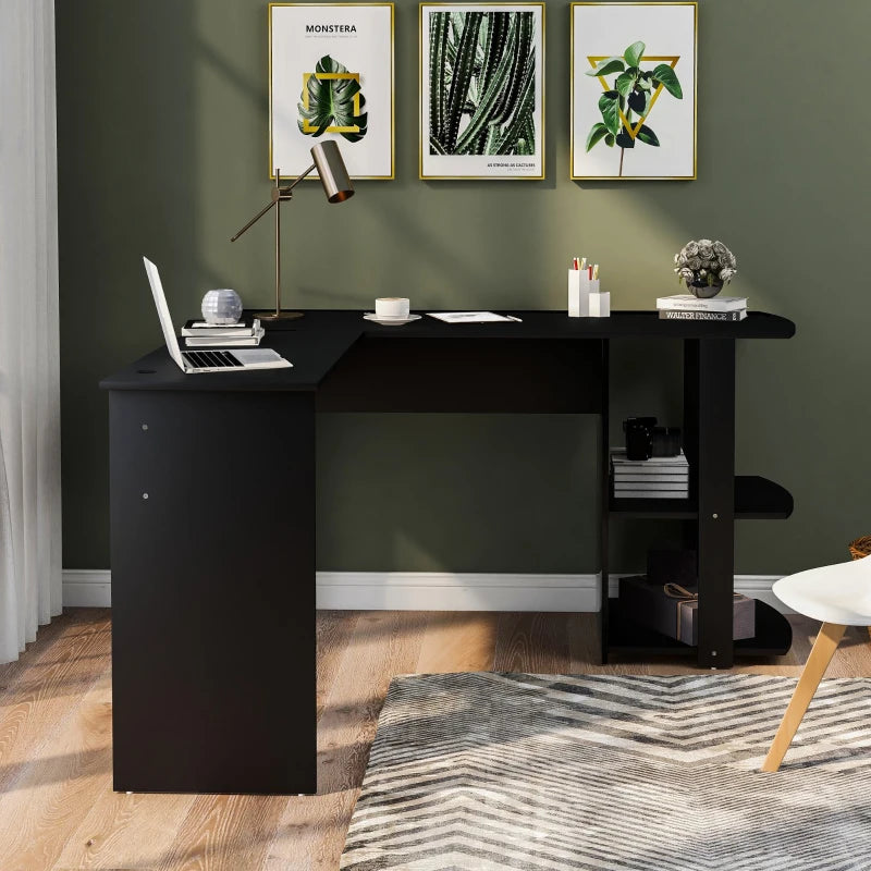 L-Shaped Corner Computer Desk with Storage Shelves - Large Home Office Gaming Desk, Easy Assembly, 140x140x75 cm, Black