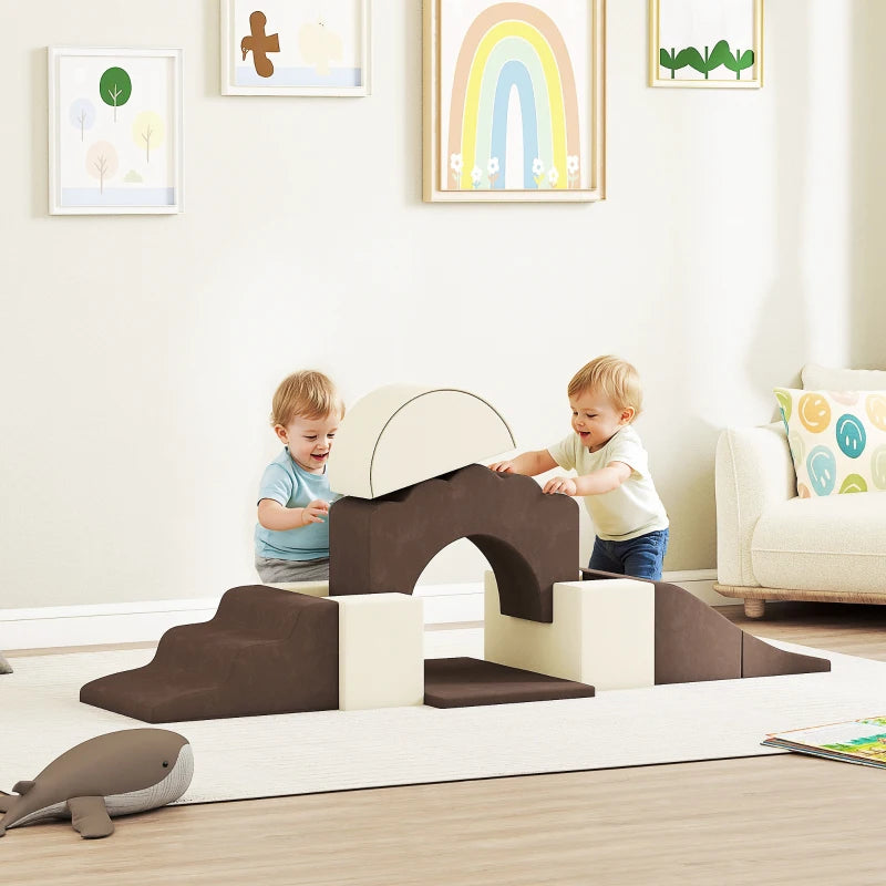 7 Piece Soft Play Set for Kids Indoor Climbing and Crawling Foam Toy Brown