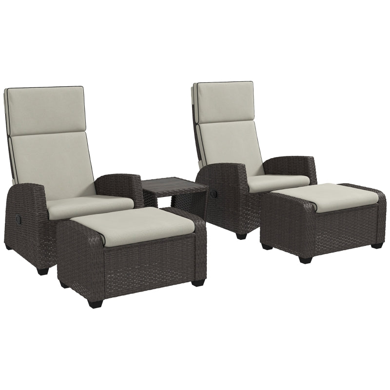 5-Piece Rattan Patio Reclining Chair Set with Footstools, Coffee Table & Cushions - Outdoor Garden Furniture in Brown