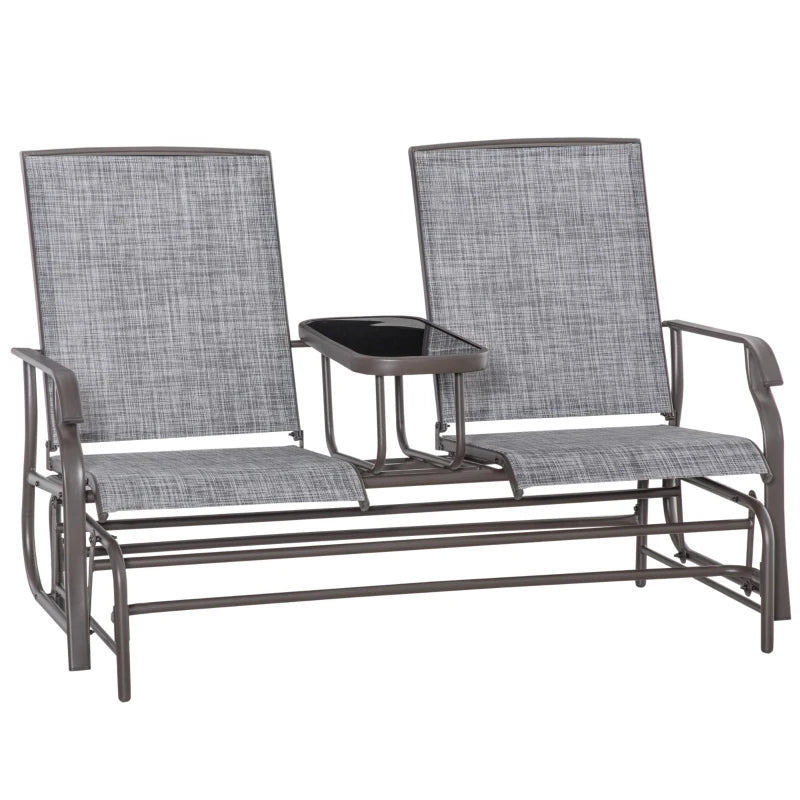 Metal Garden Glider Loveseat with Glass Table, 2 Seats, Brown/Grey