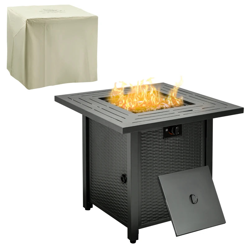 Square Propane Gas Fire Pit Table 40000 BTU - Smokeless Rattan Patio Heater with Cover, Lava Rocks & Lid - 71cm Black