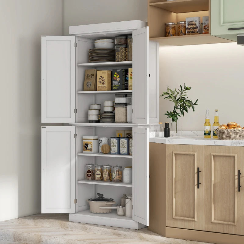 Freestanding Kitchen Storage Cabinet with 4 Doors and 6-Tier Shelving in White
