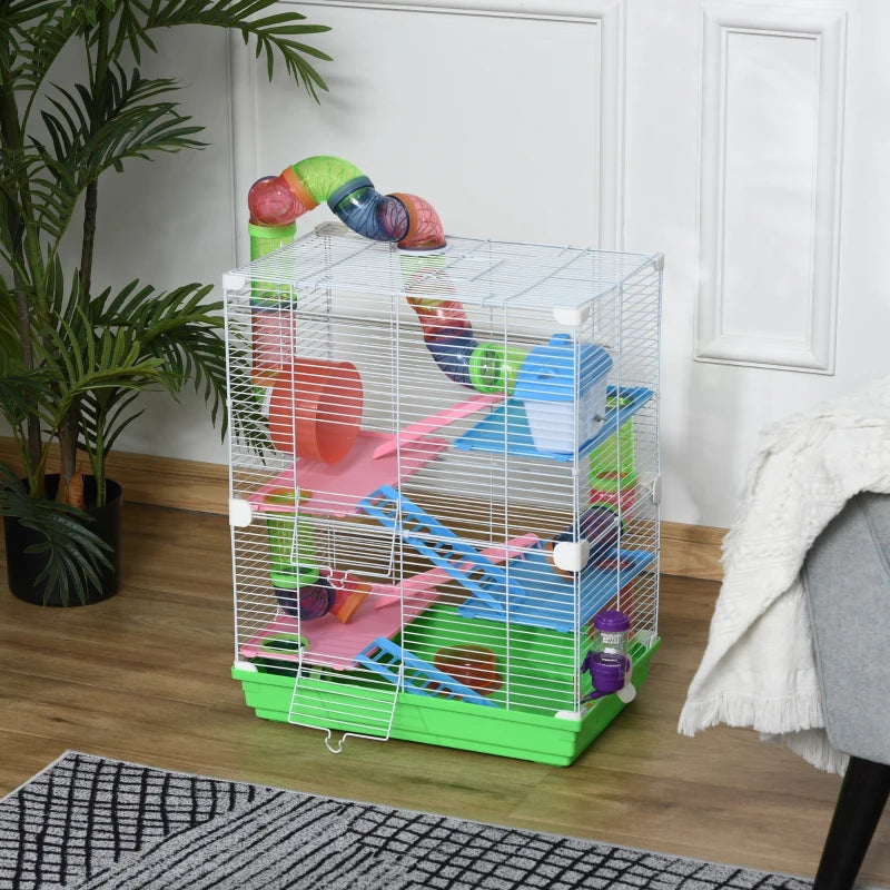 5-Tier Hamster Cage Carrier Habitat with Exercise Wheels & Tunnel - Green, Ideal for Active Small Pets