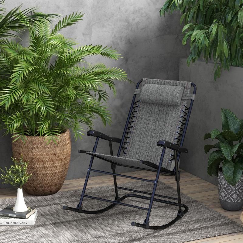 Grey Folding Rocking Chair with Headrest for Outdoor Use