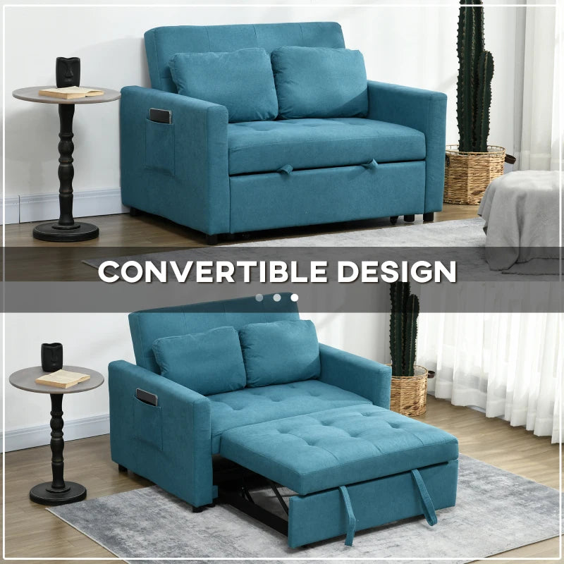 Convertible Loveseat Sofa Bed with Cushions and Side Pockets for Living Room, Stylish Blue Design