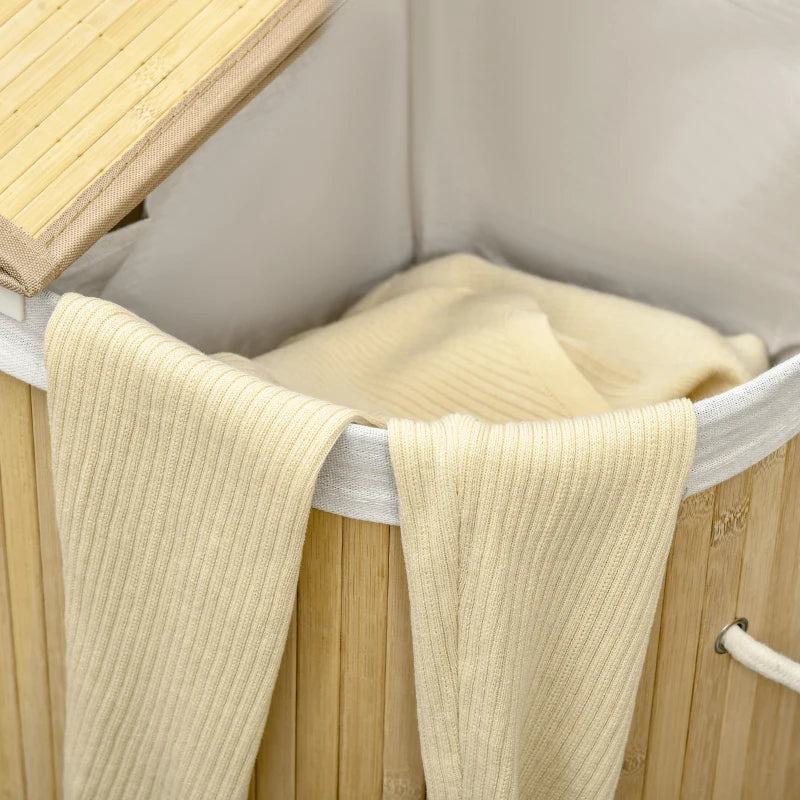 Natural Bamboo Laundry Basket with Lid - 100L Hamper, 2 Sections, Removable Washable Lining, 62.5x37x60.5cm
