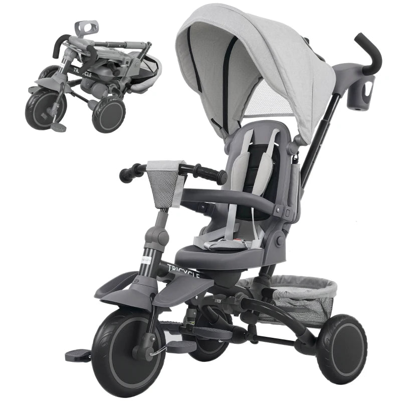 6 in 1 Foldable Kids Trike with Adjustable Parent Handle and Canopy for Ages 1 to 5 Grey