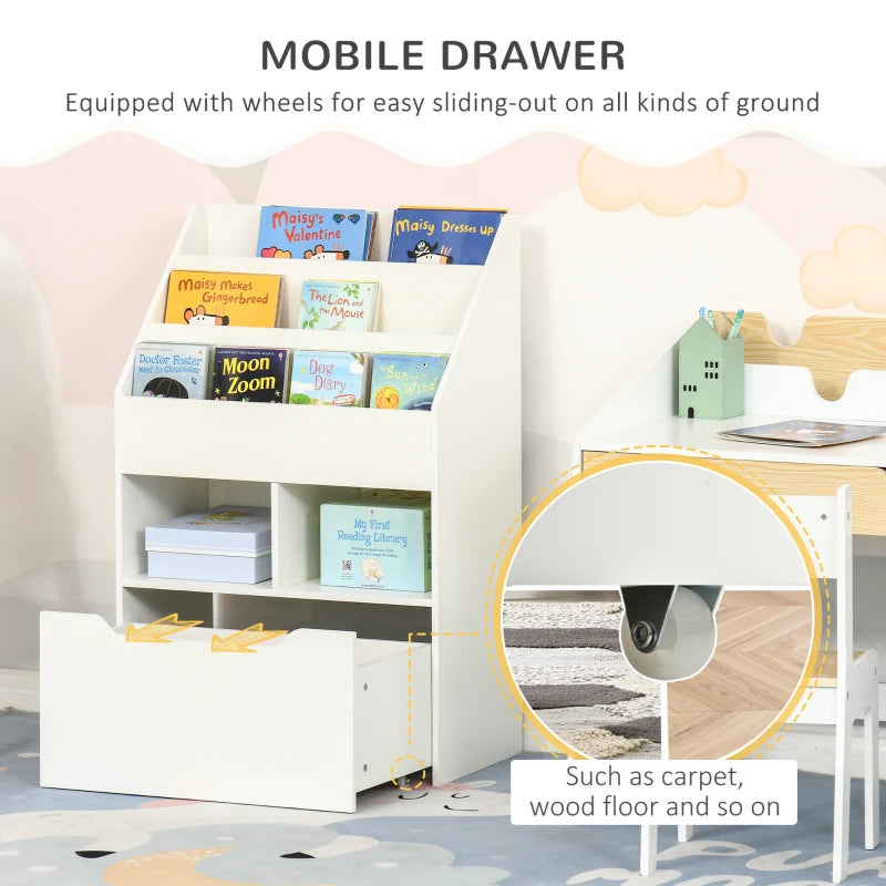 Kids Bookshelf Toy Organizer with Storage Drawer and Wheels White