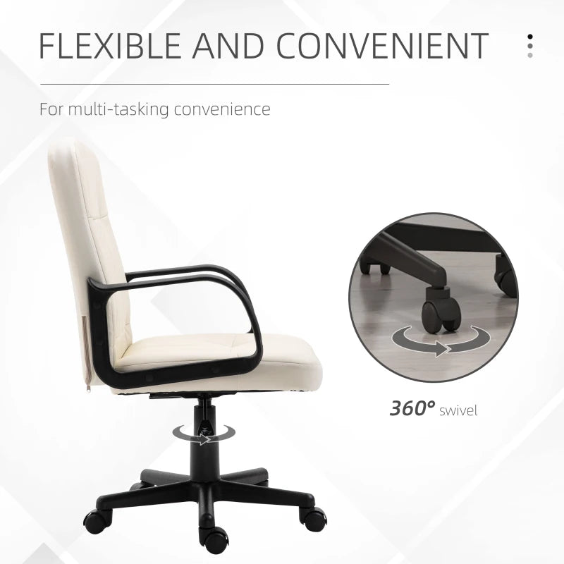 Cream White PU Leather Office Chair - Adjustable Height, Swivel Wheels, Perfect for Home Office & Study