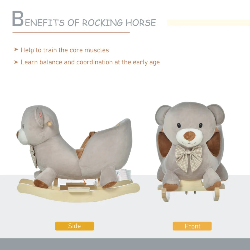 Kids Plush Rocking Horse Ride-On Bear Toy with Sound & Safety Belt - Wooden Base for Toddlers 18-36 Months - Grey