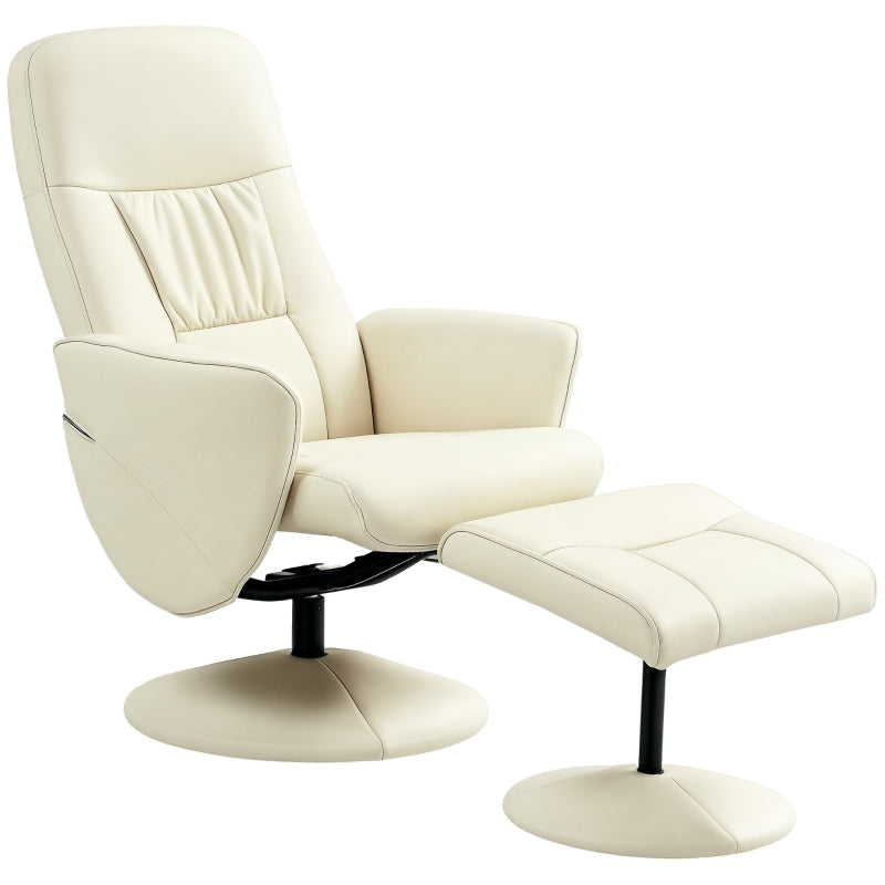 Cream White Swivel Recliner Chair with Footstool - PU Leather Armchair and Ottoman for Living Room