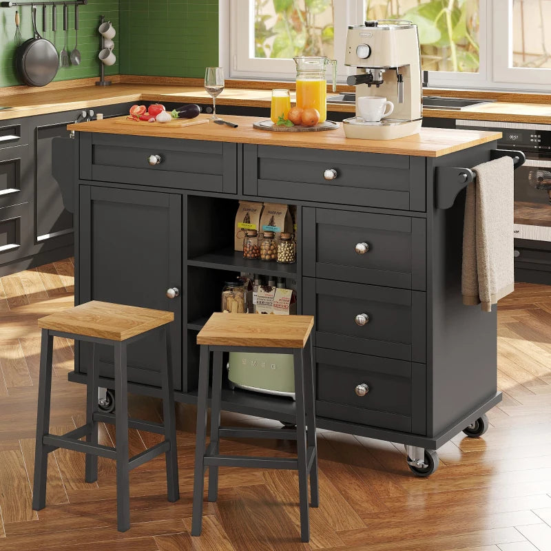 4-Tier Rolling Kitchen Island with Versatile Storage - Black Wooden Finish for Utensils & Kitchen Organization
