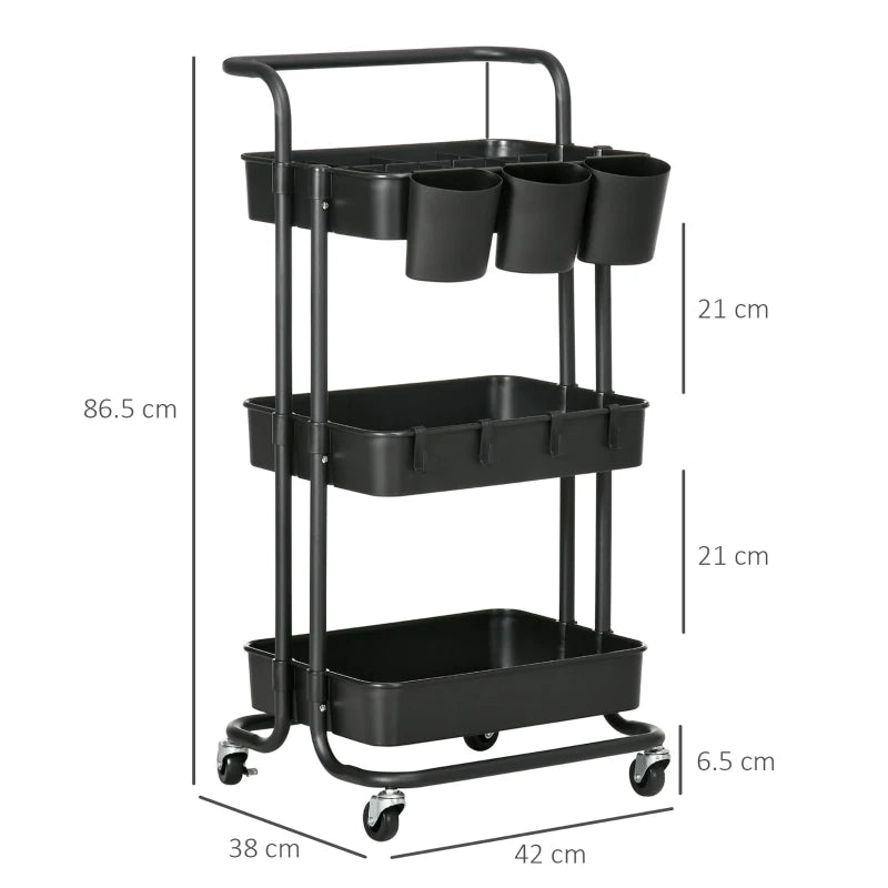 Versatile Black Three-Tier Home Trolley with Handle & Wheels - Perfect for Kitchen, Living Room, or Office Storage