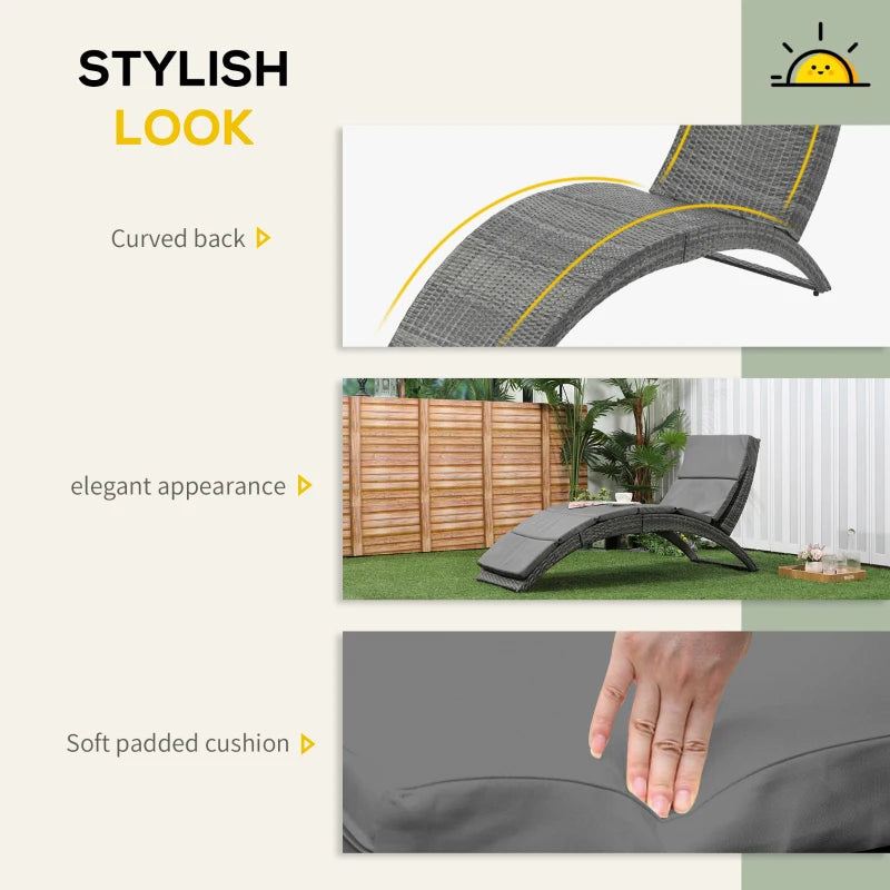 Grey Rattan Folding Sun Lounger with Cushion for Outdoor Relaxation