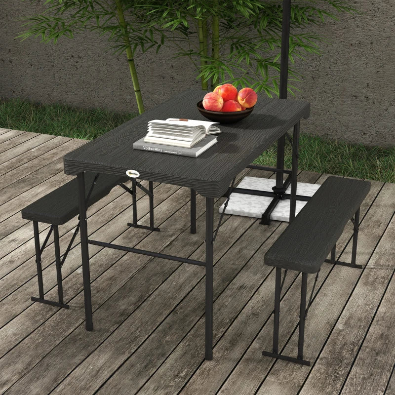 Folding Picnic Table Set for 4 - 3-Piece Portable Garden Furniture with 2 Benches, Dark Grey Plastic Top and Steel Frame