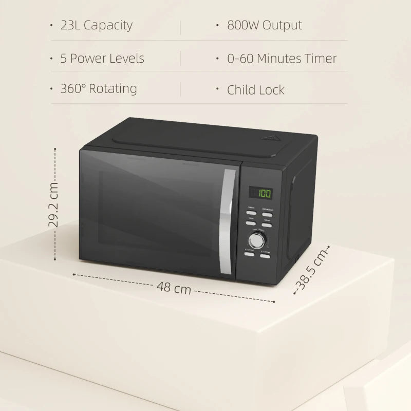 Compact 800W Black Microwave Oven - Digital Solo, 5 Power Levels, 8 Auto Cook Menus, 60 Min Timer, Easy Clean