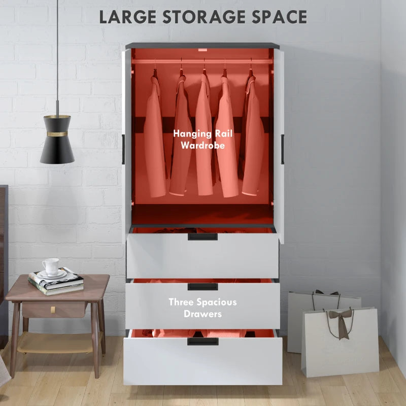 Modern 2 Door Wardrobe with 3 Drawers and Hanging Rod for Stylish Bedroom Storage Grey