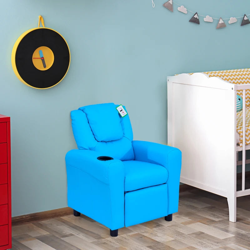 Kids Recliner Chair - Blue PU Leather, Adjustable Backrest & Footrest, Padded Headrest for Comfort - Perfect for Playtime!