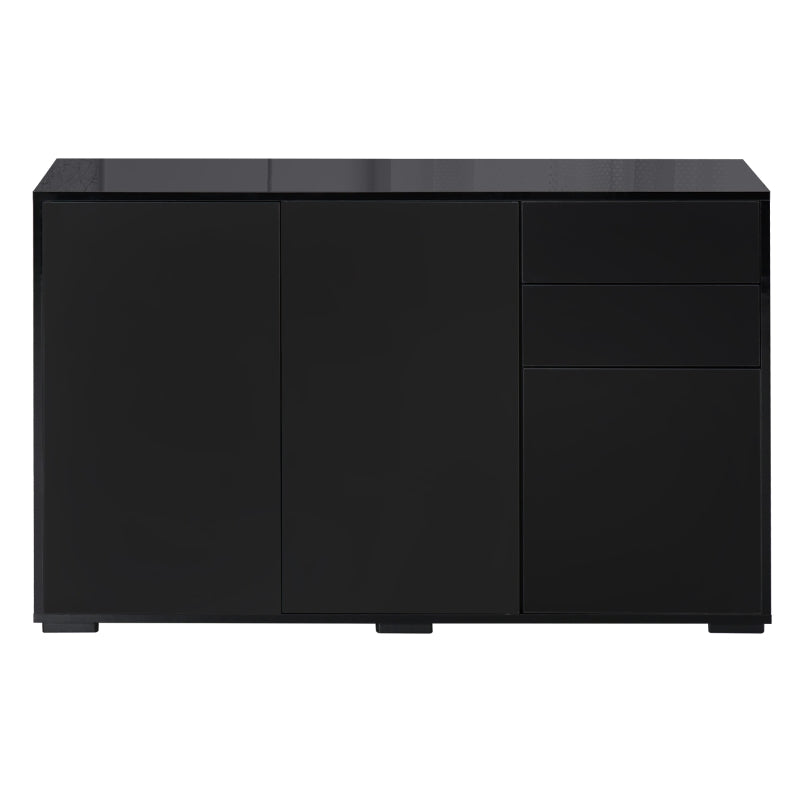 High Gloss Black Side Cabinet with Push-Open Design, 2 Drawers & 2 Cabinets for Living Room - 74H x 117W x 36Dcm