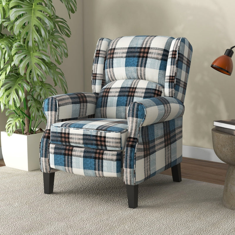 Wingback Reclining Chair with Footrest and Armrests for Living Room or Bedroom, Blue Fabric, Wooden Legs