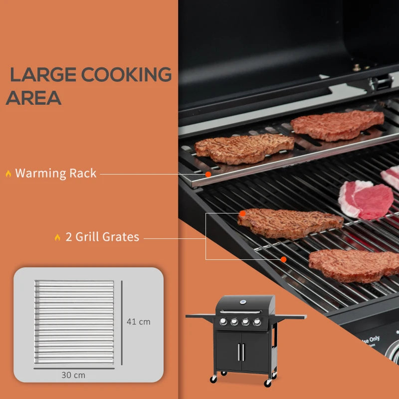 4-Burner Gas BBQ Grill in Black with Warming Rack & Storage