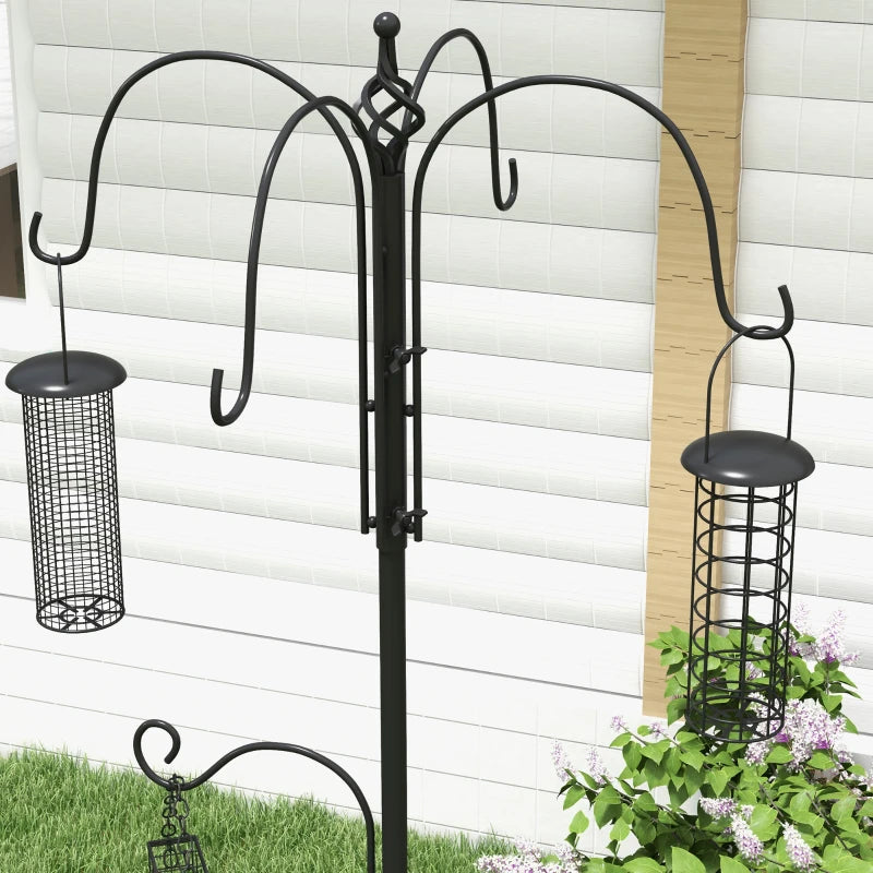 Premium Bird Feeding Station Kit - 6 Hook Wild Bird Feeder Pole with 4 Hanging Feeders for Garden & Outdoor Use - Black