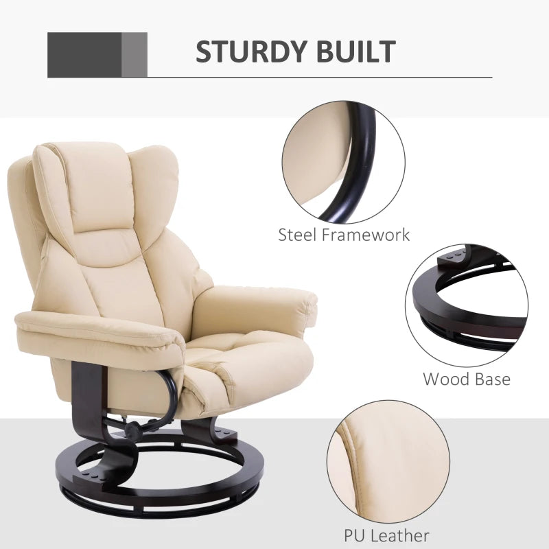 Cream Faux Leather Recliner Chair with Footstool, Swivel Armchair with Adjustable Backrest and Solid Wood Base for Living Room
