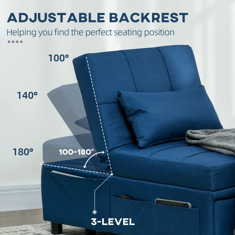 4-in-1 Convertible Chair Bed with Adjustable Backrest, Side Pocket, Wheels and Pillow for Living Room, Blue
