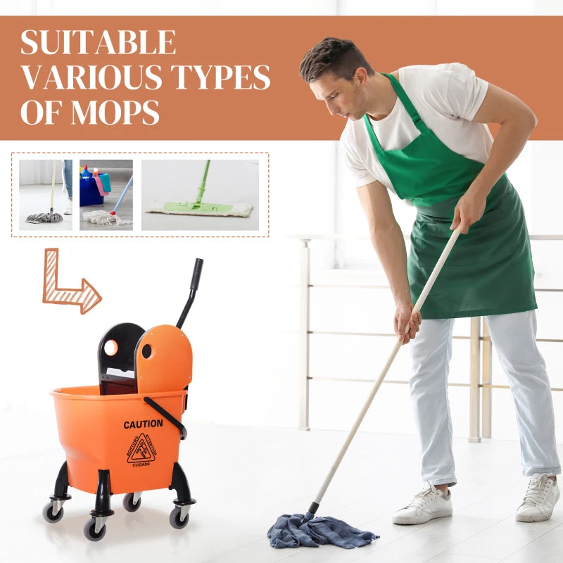 25L Mop Bucket with Wringer, Wheels & Handle - Durable Orange Cleaning Solution for Easy Floor Maintenance