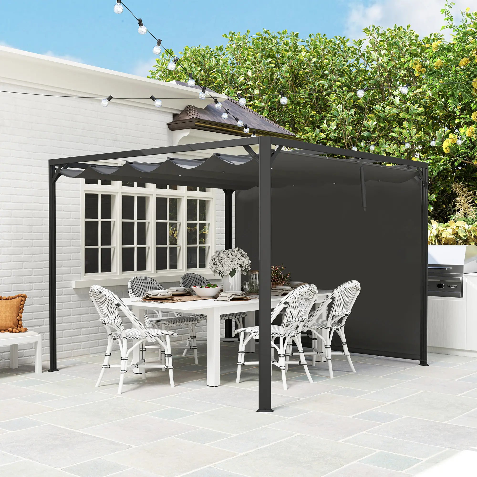 3m x 3m Aluminium Pergola With Retractable Roof and Wall - Dark Grey