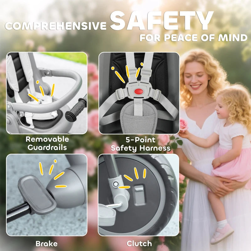 6 in 1 Foldable Kids Trike with Adjustable Parent Handle and Canopy for Ages 1 to 5 Grey