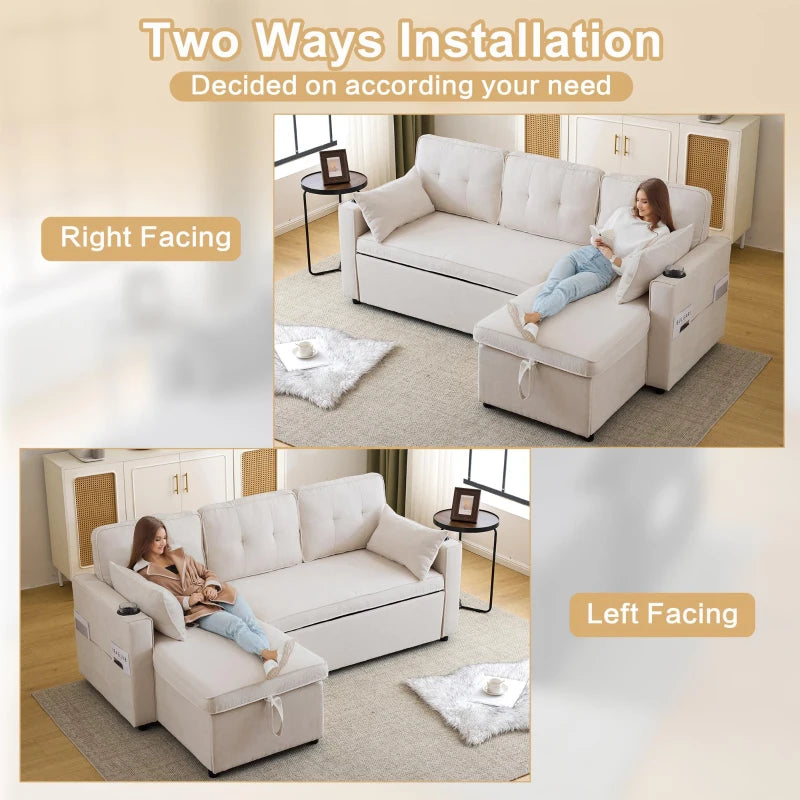 Versatile L-Shaped Sofa Bed with Reversible Chaise, Storage, Cup Holders and Cushions in Beige