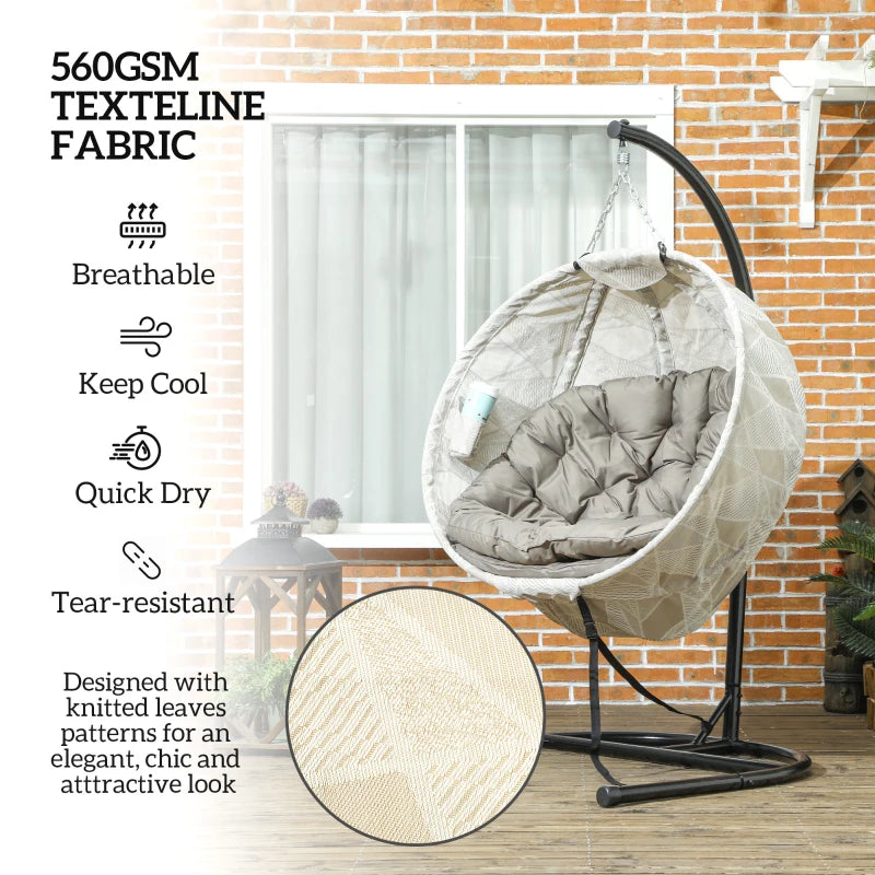 Hanging Egg Chair - Outdoor Indoor Garden Swing Chair with Folding Basket, Thickened Cushion, Cup Holder - Sand Brown - Perfect for Patio and Balcony