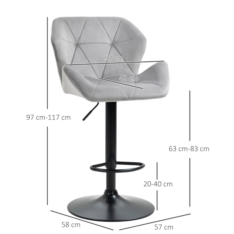 Luxurious Velvet Bar Stools Set of 2 - Adjustable Height Swivel with Metal Frame, Round Base, Grey