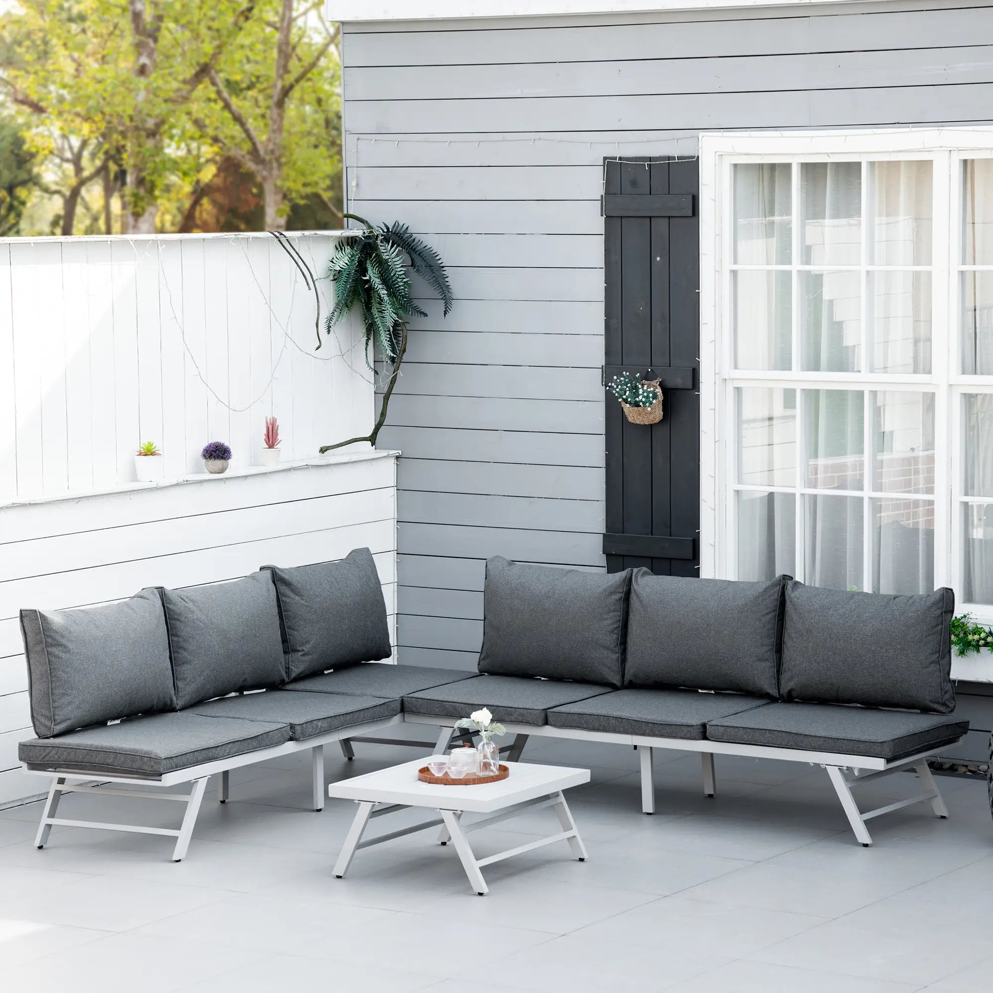 Grey Metal Garden Furniture Set With Slatted Top Table