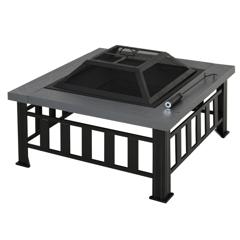 Large Square Metal Fire Pit with Cover & Grate - Outdoor BBQ Bonfire Stove for Backyard & Camping, 86x86cm, Black