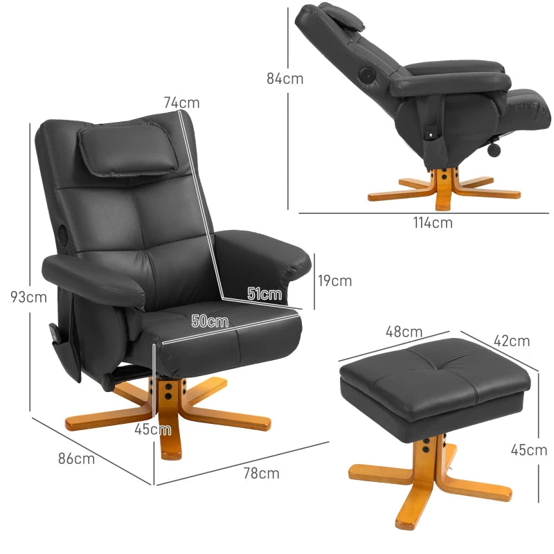 Faux Leather Massage Recliner Chair with Storage Ottoman in Black for Ultimate Comfort