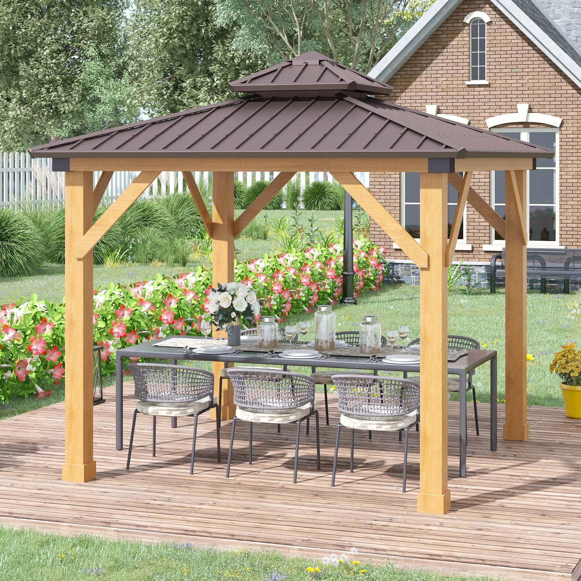 Brown 3m x 3m Hard Top Gazebo With 2-Tier Roof and Solid Wood Frame