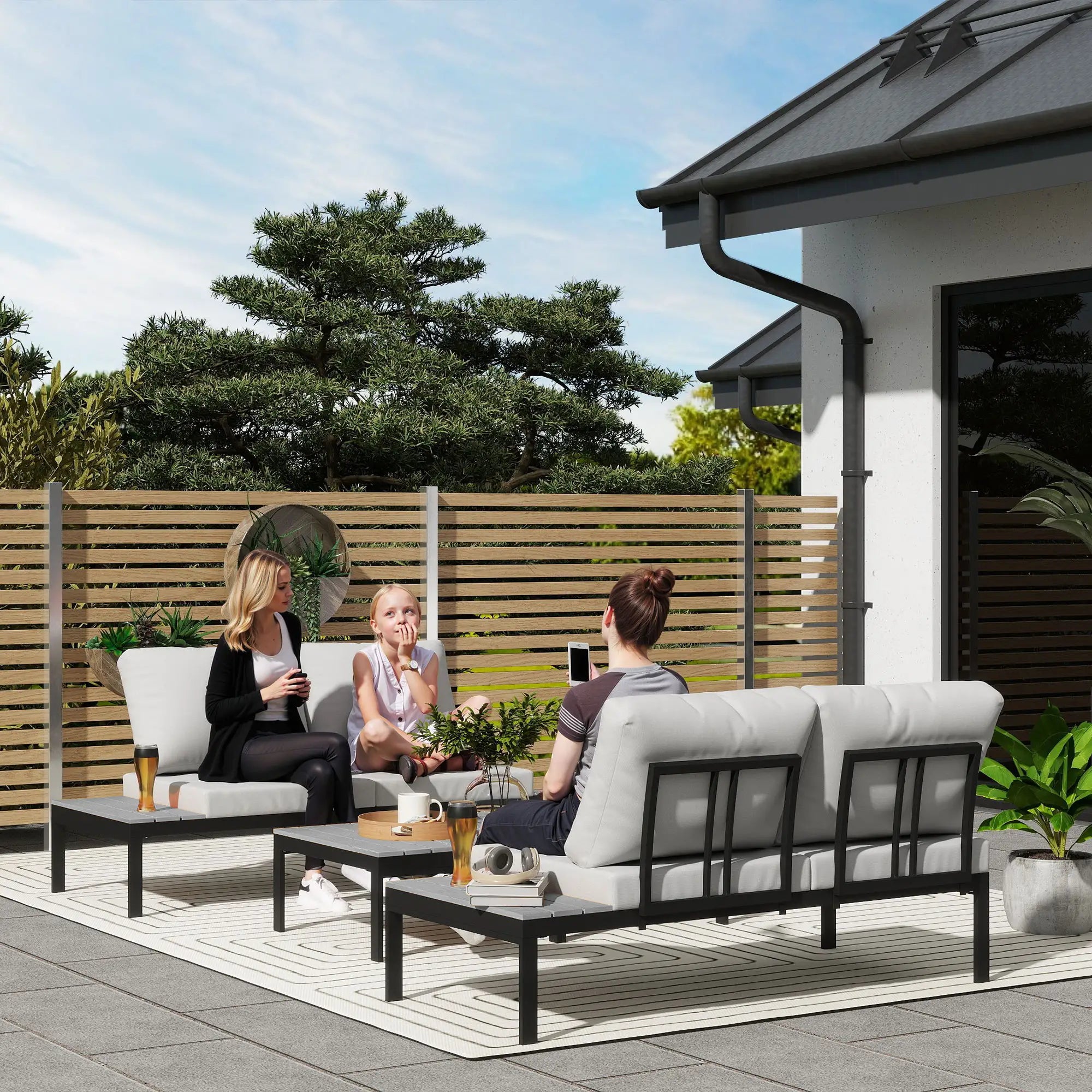 Grey Four-Piece Garden Corner Sofa Set with 2 Loveseats and 2 Coffee Tables