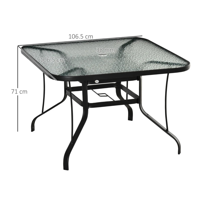 Black Square Outdoor Dining Table with Parasol Hole, Tempered Glass Top, Steel Frame