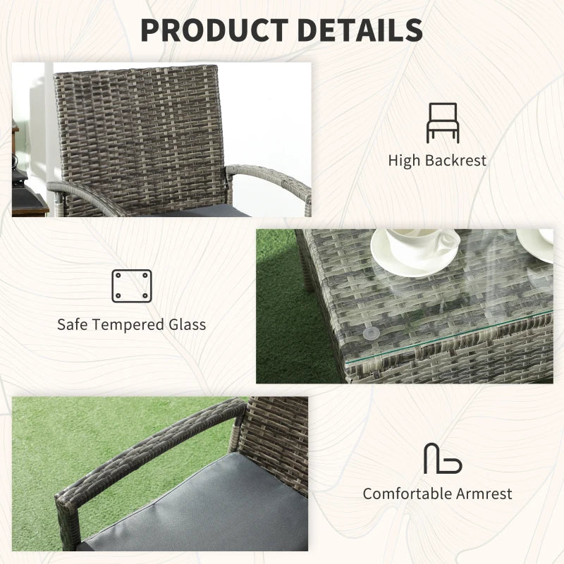 3-Piece Grey Rattan Patio Bistro Set with Cushioned Chairs