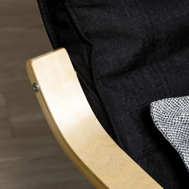 Wooden Reclining Lounge Chair with Adjustable Footrest and Removable Cushion Cover for Deck Relaxation, Black