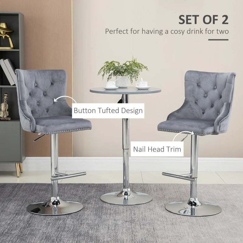 Modern Velvet Bar Stools Set of 2 - Adjustable Swivel Design with Button Tufted Back & Nailhead Trim, Grey
