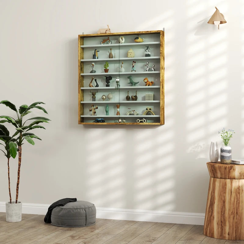 7-Tier Oak Wall Display Shelf Unit with Glass Doors & 6 Adjustable Shelves for Home Office Ornaments - 83x80cm